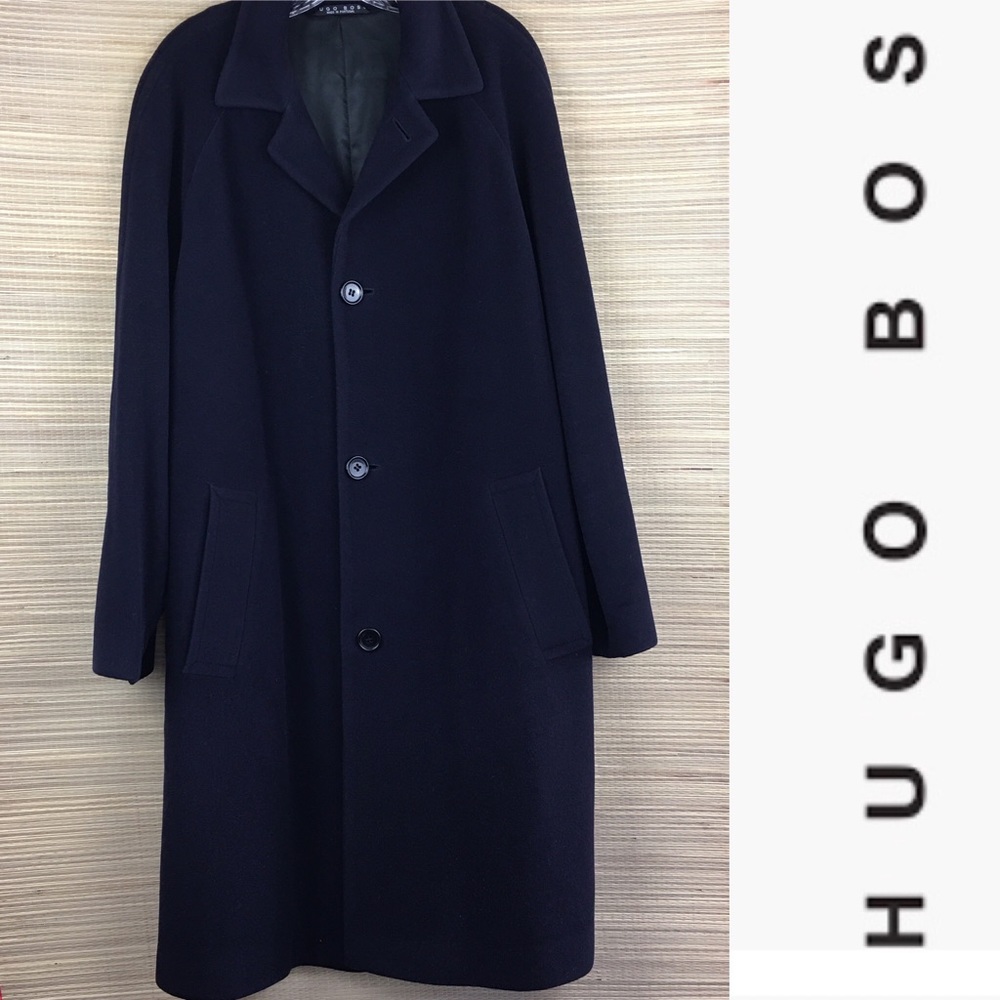 HUGO BOSS 100% Wool Navy Blue Overcoat Trench Coat